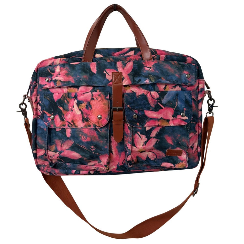 Baosha Laptop Bag OS Pink Navy Floral Canvas Messenger Crossbody Briefcase